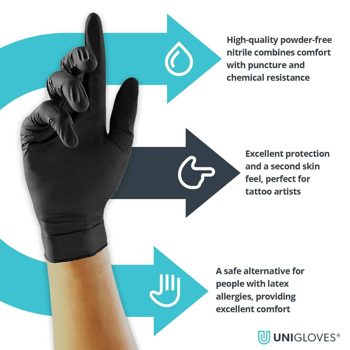 Unigloves Select Black nitrile glove worn on hand with features for comfort and safety